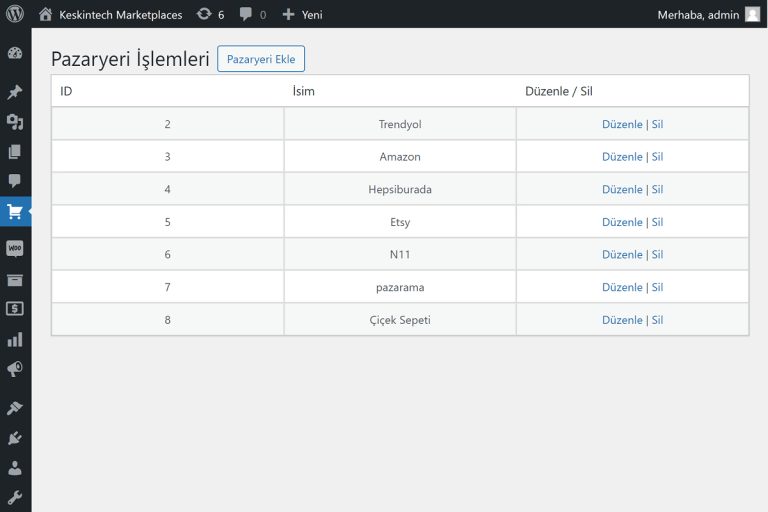 Keskintech Marketplaces Entegrasyonu - Pazaryeri işlemleri menüsü
